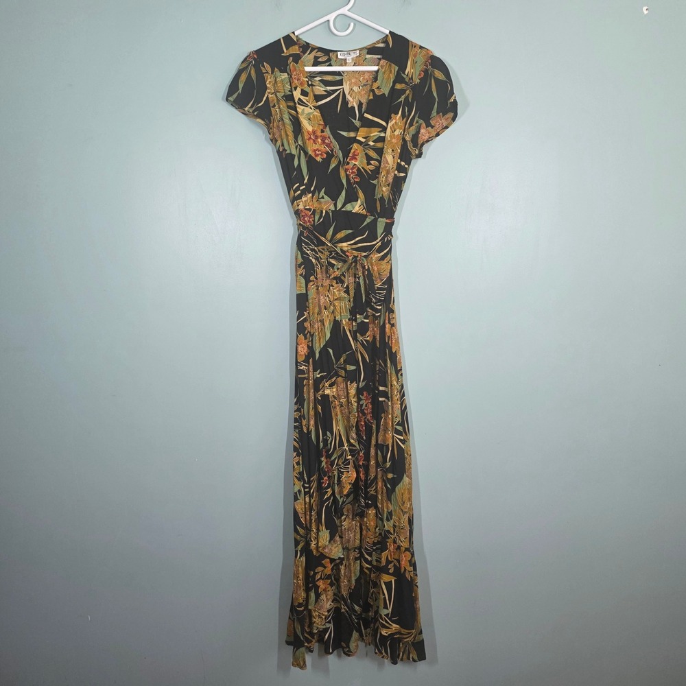 XIX Palms Honolulu Hawaii Floral Ruffle Wrap Maxi Dress Black Yellow Rayon Large
